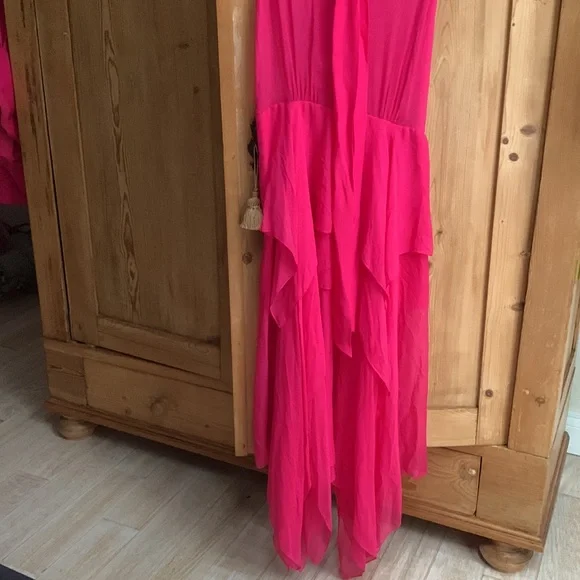 BCBG Basha Begonia Barbie Pink Bow Tie Long Silk Sheer Chiffon Tiered Maxi Dress